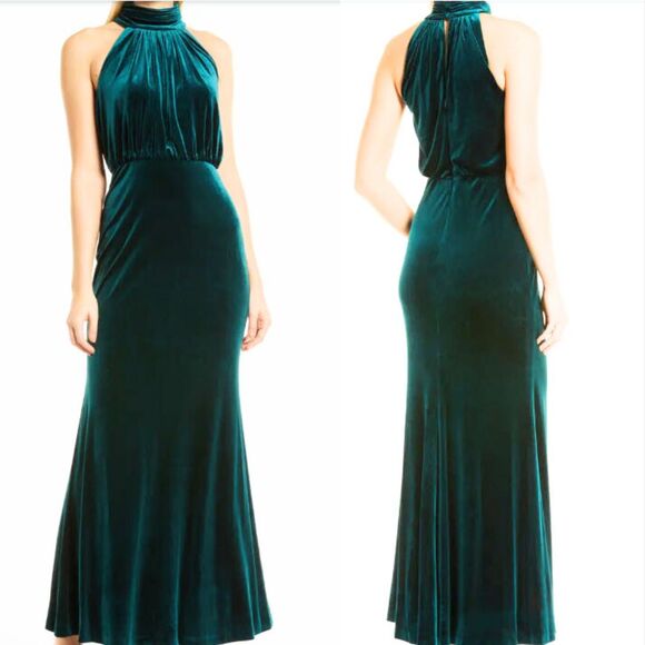 Eliza J. Mock Neck Blouson Velvet Gown Emerald Green Size 8